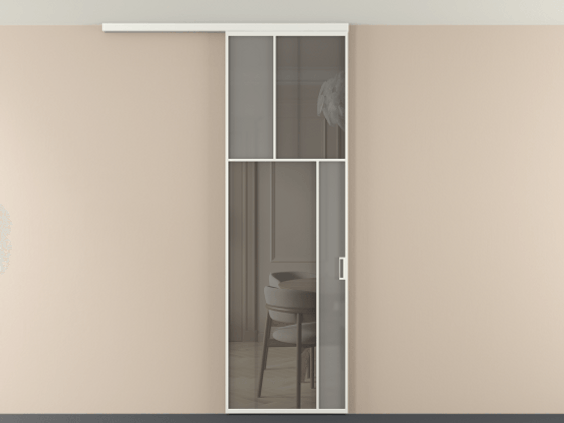 Перегородка Мозаик вдоль стены на потолок 1 створка АЛПР 041.23 Алюминий светло-серый Сатинированное серое стекло, триплекс, 6 мм + Прозрачное серое стекло, триплекс Цена 27413120 so'm | Volhovec