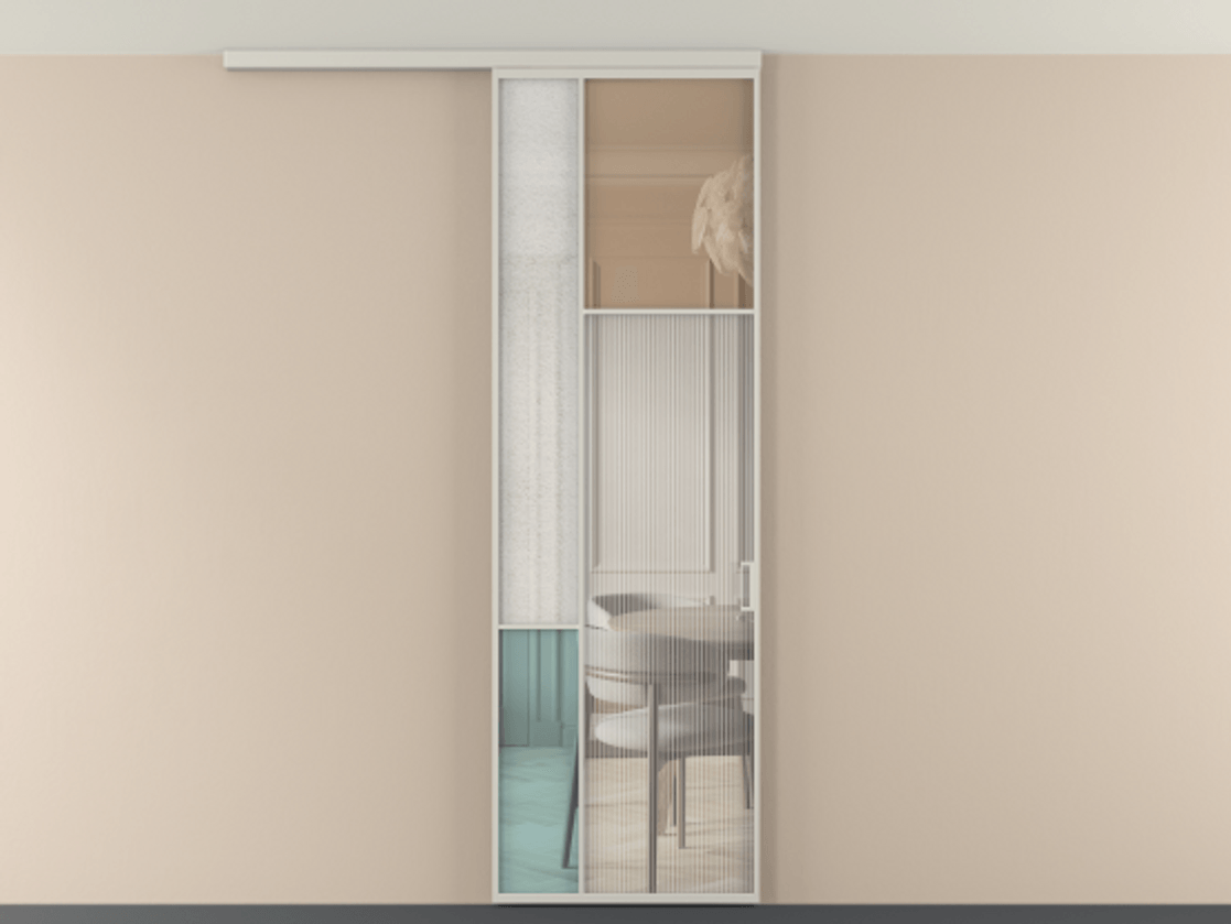 Перегородка Мозаик вдоль стены на потолок 1 створка АЛПР 041.11 Алюминий тёплый серый Комбинация стекол Группы 1 и Группы 3 Цена 28631120 so'm | Volhovec