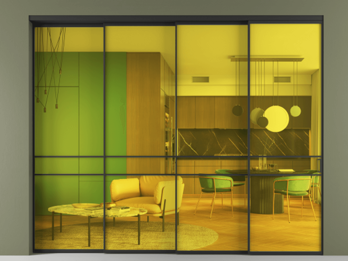 Перегородка Formato внутри проёма 4 створки с синхронным механизмом АЛПР 040.02 Алюминий Черный Прозрачное жёлтое стекло, триплекс Цена 442100 ₽ | Volhovec