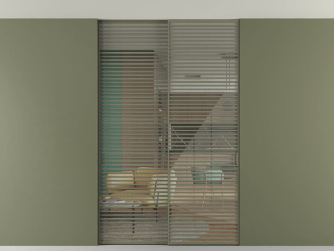 Перегородка Формато внутри проёма скрытое крепление в потолок 2 створки АЛПР 040.07 Алюминий оливковый тёмный Рефлективное прозрачное стекло "Стопсол", калёное Цена 105787360 so'm | Volhovec