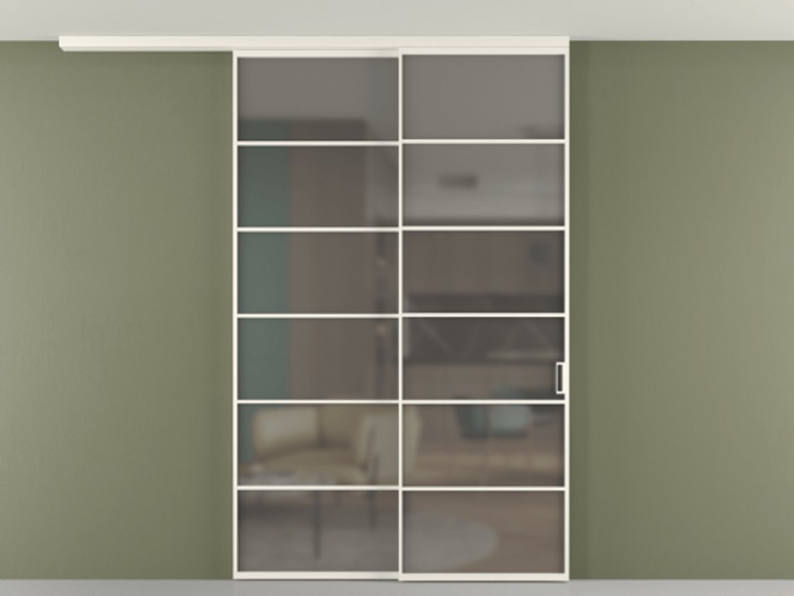 Перегородка Формато вдоль стены на потолок 2 створки с синхронным механизмом АЛПР 040.04 Алюминий пудровый белый Сатинированное серое стекло, триплекс Цена 66620540 so'm | Volhovec