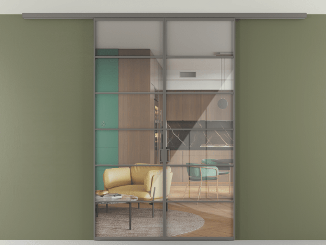 Перегородка Formato вдоль стены на потолок 2 створки АЛПР 040.04 Алюминий классический серый Рефлективное прозрачное стекло "Stopsol", калёное Цена 52999240 so'm | Volhovec