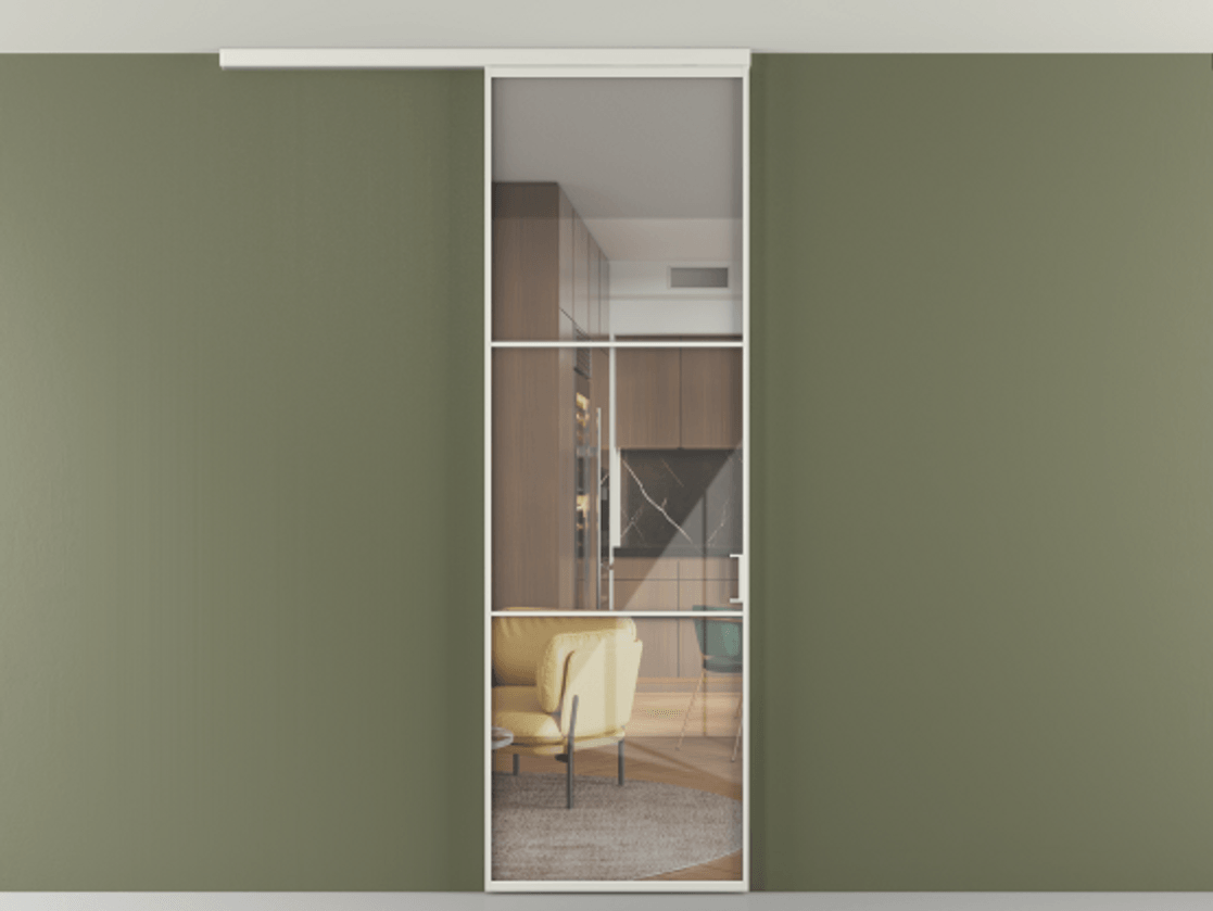 Перегородка Формато вдоль стены на потолок 1 створка АЛПР 040.03 Алюминий серый Рефлективное прозрачное стекло "Стопсол", калёное Цена 25478530 so'm | Volhovec