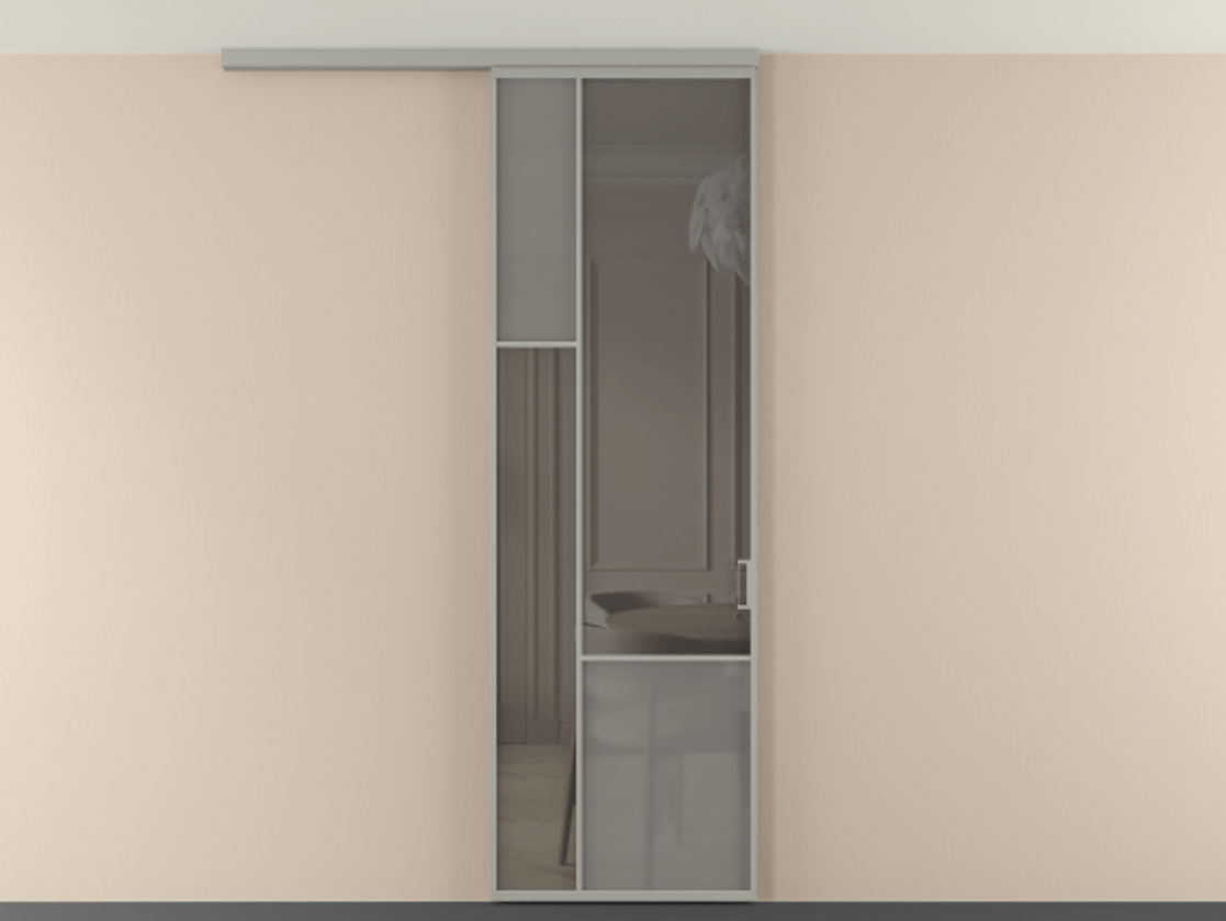 Перегородка Мозаик вдоль стены на потолок 1 створка АЛПР 041.13 Алюминий нейтральный серый Сатинированное серое стекло, триплекс, 6 мм + Прозрачное серое стекло, триплекс Цена 27413120 so'm | Volhovec