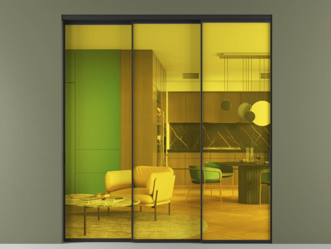 Перегородка Formato внутри проёма 3 створки с синхронным механизмом АЛПР 040.01 Алюминий Черный Прозрачное жёлтое стекло, триплекс Цена 64172360 so'm  | Volhovec