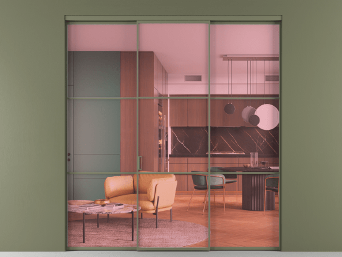 Перегородка Формато внутри проёма 3 створки АЛПР 040.03 Алюминий оливковый тёмный Прозрачное розовое стекло, триплекс Цена 50453620 so'm | Volhovec