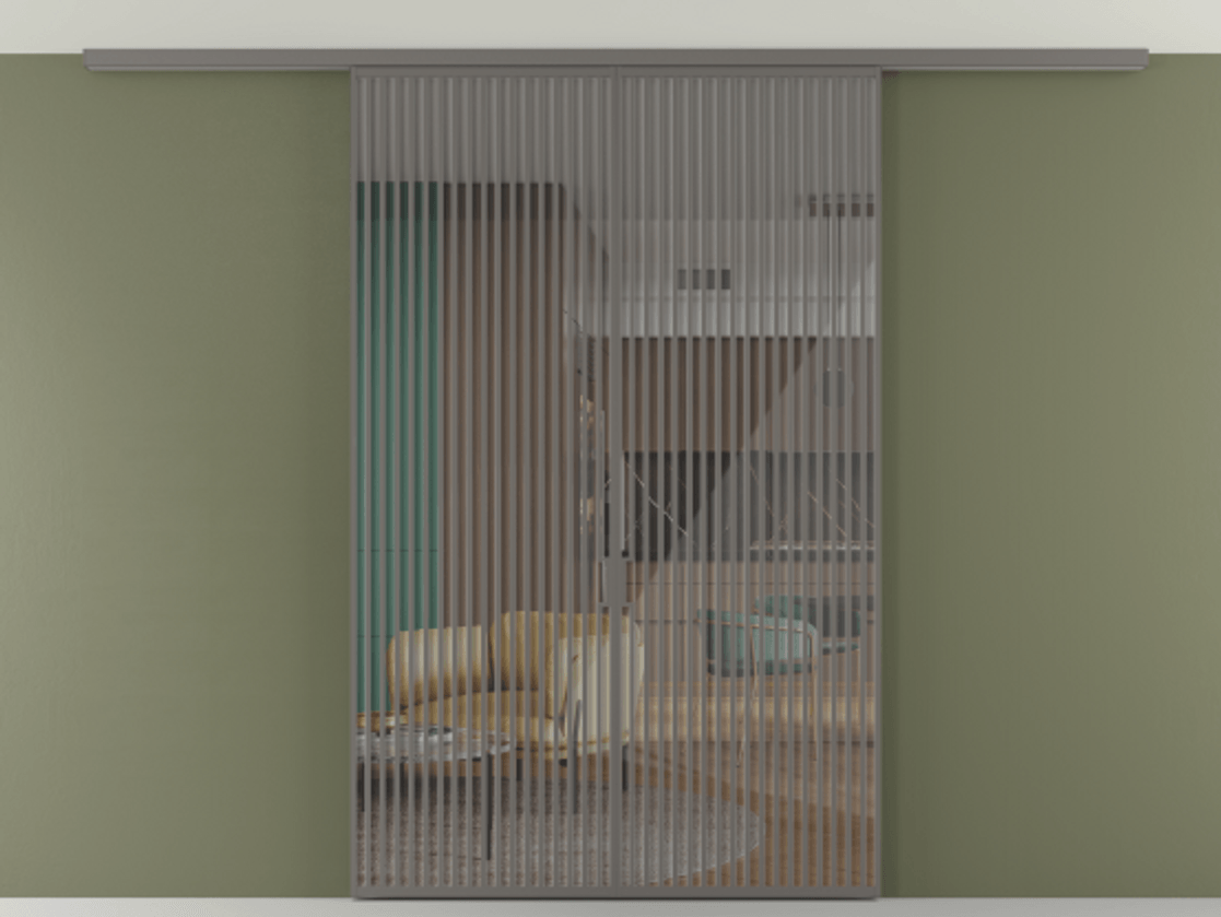 Перегородка Формато вдоль стены на потолок 2 створки АЛПР 040.06 Алюминий классический серый Рефлективное прозрачное стекло "Стопсол", калёное Цена 380156 ₽ | Volhovec