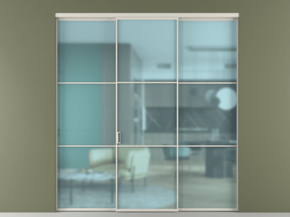 Перегородка Formato внутри проёма 3 створки АЛПР 040.03 Алюминий облачно-серый Сатинированное голубое стекло, триплекс Цена 48166830 so'm | Volhovec