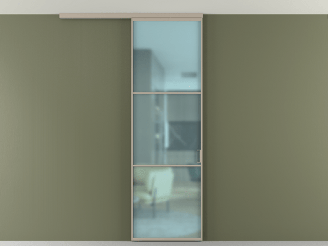 Перегородка Формато вдоль стены на потолок 1 створка АЛПР 040.03 Алюминий бисквитный Сатинированное голубое стекло, триплекс Цена 20500540 so'm | Volhovec