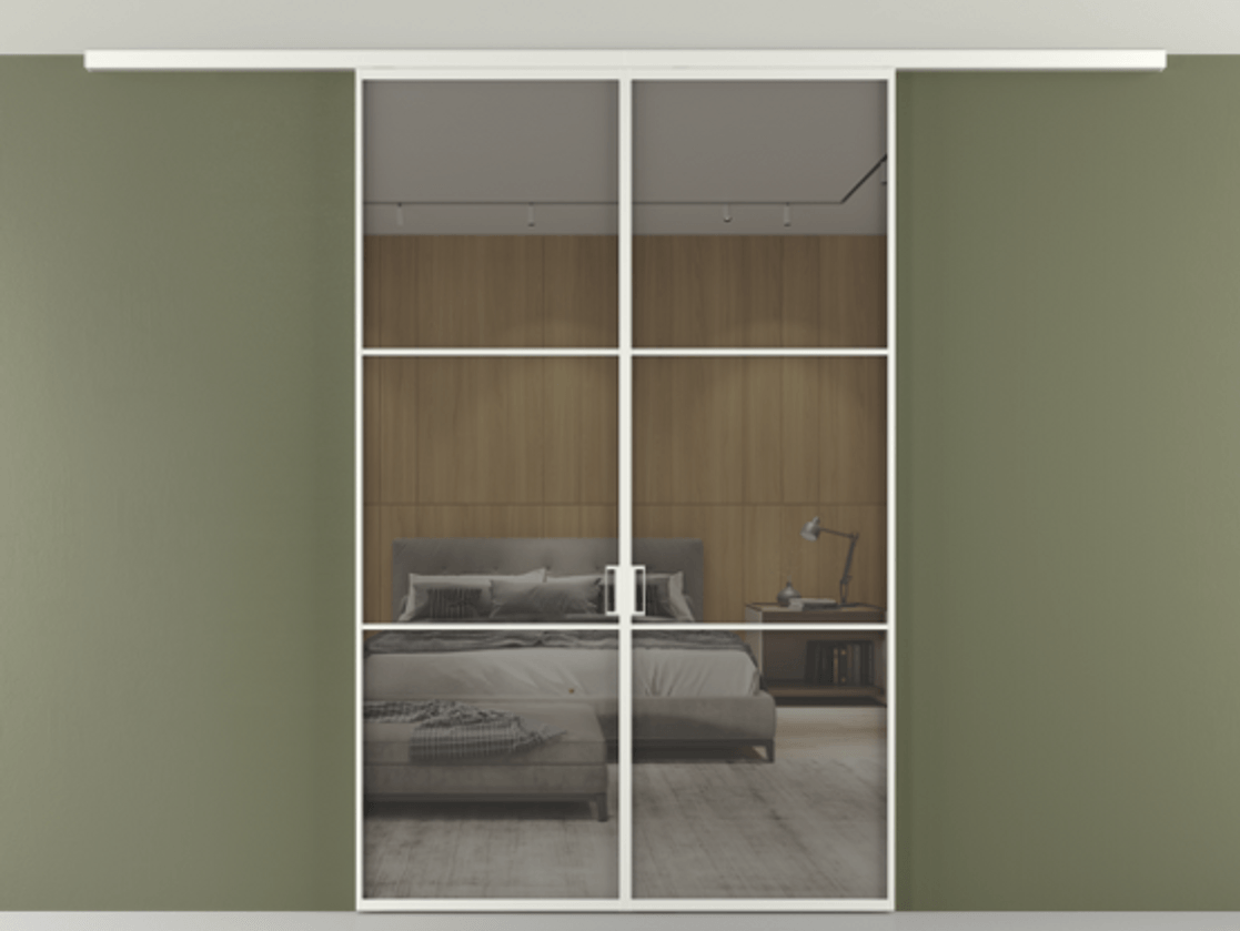 Перегородка Формато вдоль стены на потолок 2 створки АЛПР 040.03 Алюминий светло-серый Рефлективное серое стекло "Стопсол", калёное Цена 49515760 so'm | Volhovec