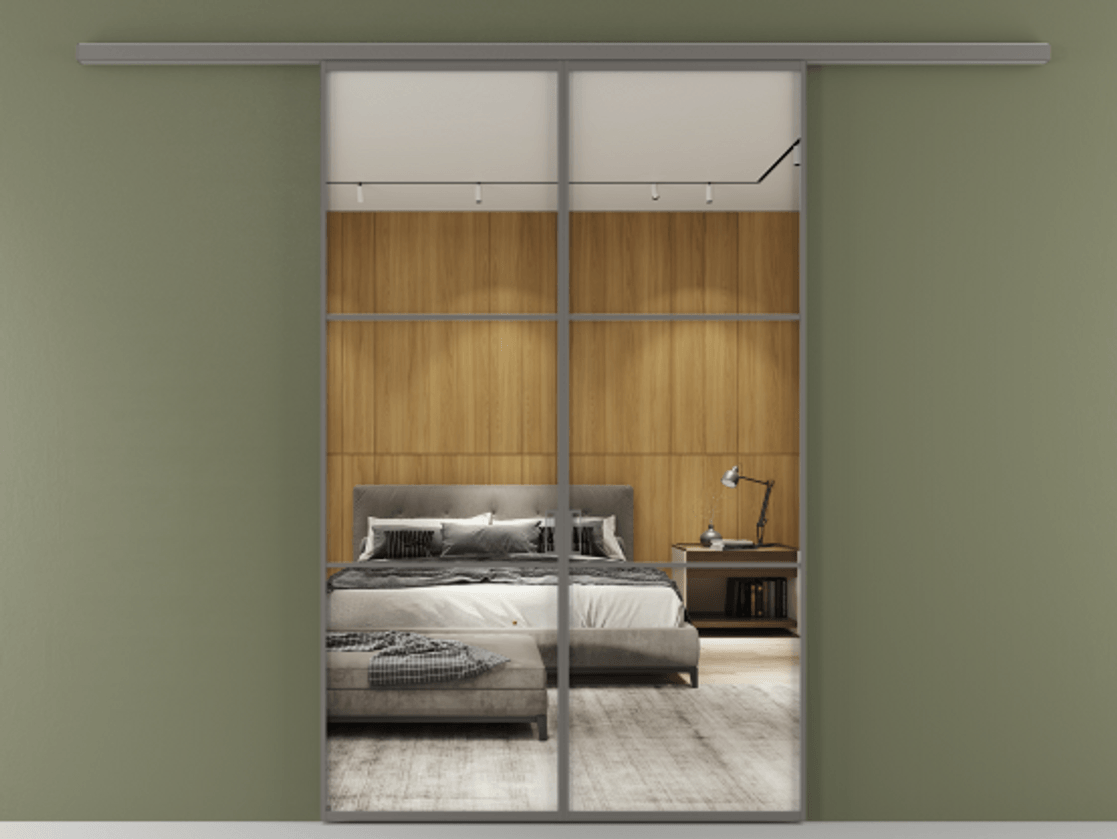 Перегородка Формато вдоль стены 2 створки АЛПР 040.03 Алюминий классический серый Двустороннее зеркало, триплекс , триплекс 6 мм Цена 195450 ₽ | Volhovec