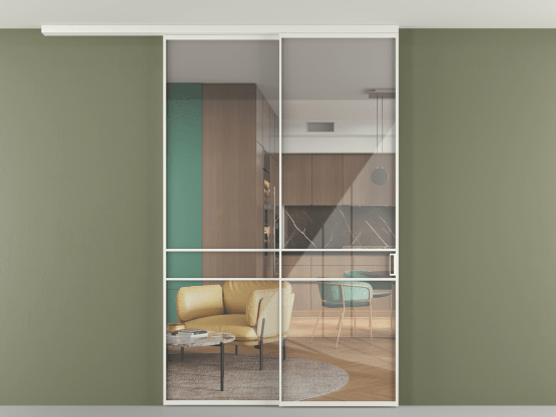 Перегородка Формато вдоль стены на потолок 2 створки с синхронным механизмом АЛПР 040.02 Алюминий светло-серый Рефлективное прозрачное стекло "Стопсол", калёное Цена 66385060 so'm | Volhovec