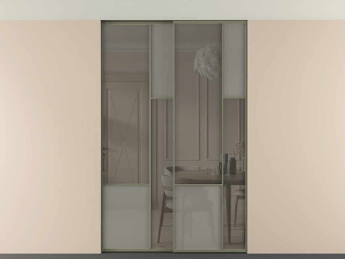 Перегородка Мозаик внутри проёма скрытое крепление в потолок 2 створки АЛПР 041.12 Алюминий оливковый тёмный Сатинированное серое стекло, триплекс, 6 мм + Прозрачное серое стекло, триплекс Цена 65889740 so'm | Volhovec