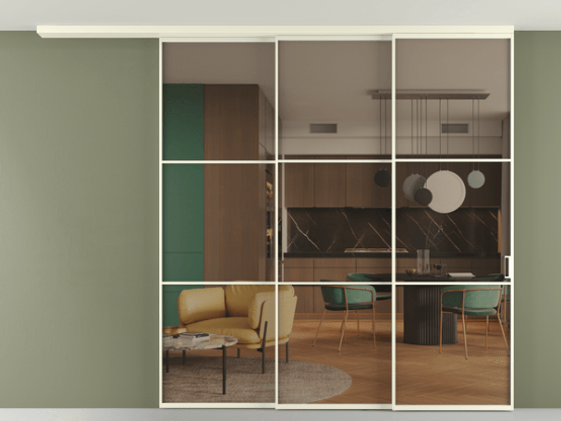 Перегородка Формато вдоль стены на потолок 3 створки с синхронным механизмом АЛПР 040.03 Алюминий молочно-белый Прозрачное бронзовое стекло, триплекс Цена 90523790 so'm | Volhovec