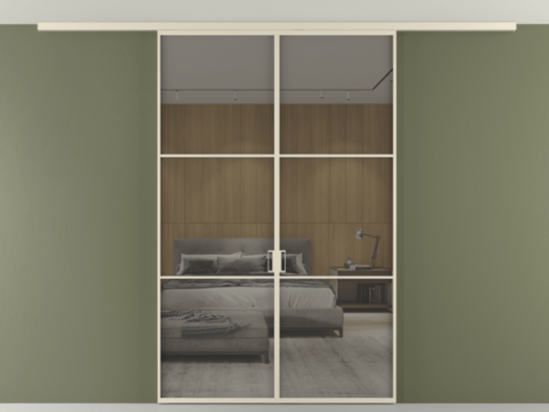 Перегородка Формато вдоль стены на потолок 2 створки АЛПР 040.03 Алюминий бежево-серый Рефлективное серое стекло "Стопсол", калёное Цена 49515760 so'm | Volhovec