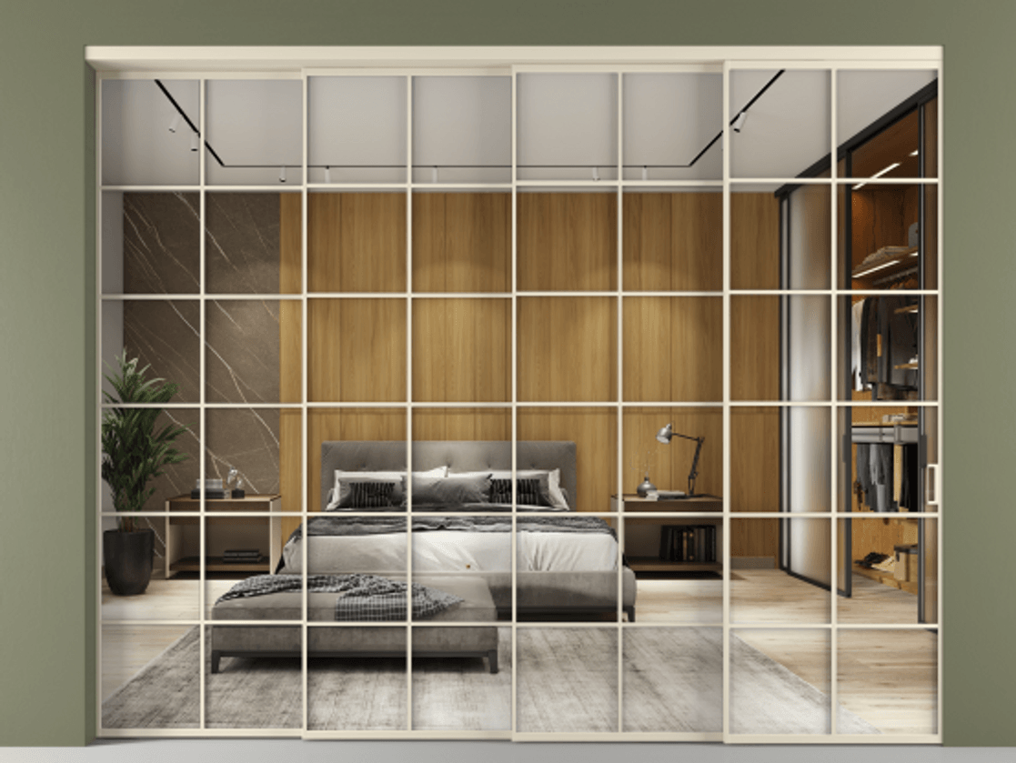 Перегородка Формато внутри проёма 4 створки с синхронным механизмом АЛПР 040.05 Алюминий бежево-серый Двустороннее зеркало, триплекс , триплекс 6 мм Цена 99202040 so'm | Volhovec