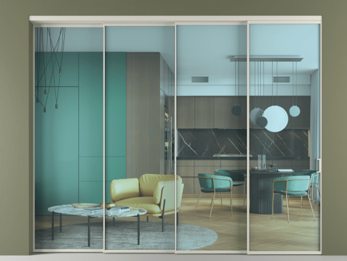 Перегородка Формато внутри проёма 4 створки с синхронным механизмом АЛПР 040.01 Алюминий тёплый серый Прозрачное голубое стекло, триплекс Цена 87797500 so'm | Volhovec