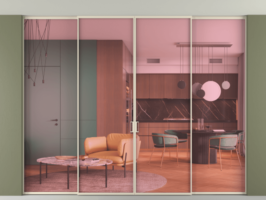 Перегородка Formato внутри проёма скрытое крепление в потолок 4 створки АЛПР 040.01 Алюминий бежево-серый Прозрачное розовое стекло, триплекс Цена 101374140 so'm | Volhovec