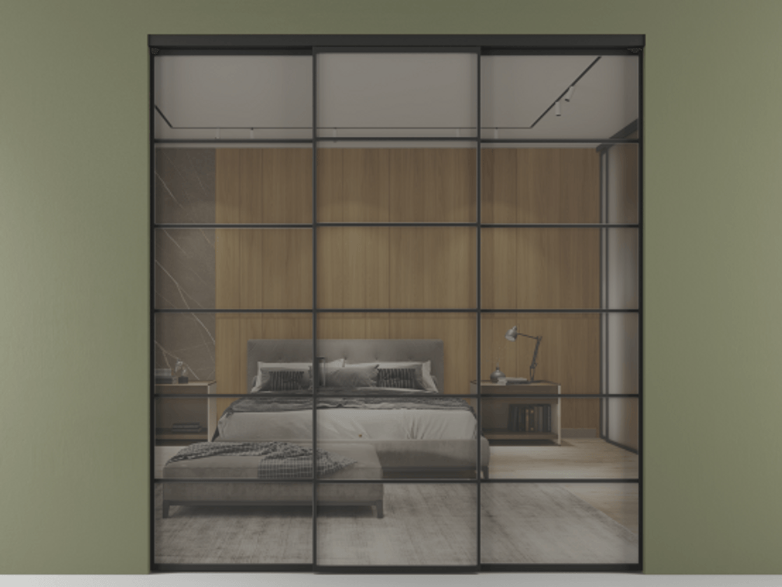 Перегородка Formato внутри проёма 3 створки АЛПР 040.04 Алюминий Черный Рефлективное серое стекло "Stopsol", калёное Цена 66543400 so'm | Volhovec