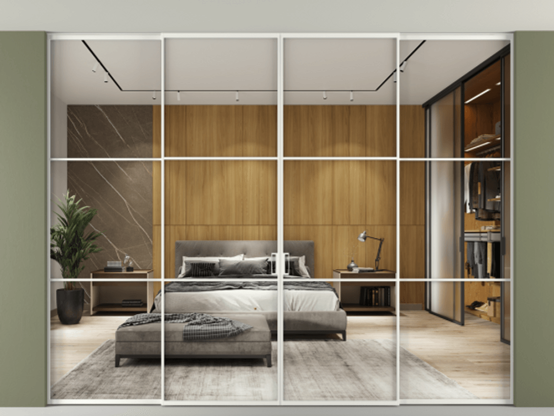 Перегородка Формато внутри проёма скрытое крепление в потолок 4 створки АЛПР 040.03 Алюминий светло-серый Двустороннее зеркало, триплекс , триплекс 6 мм Цена 22960 AZE | Volhovec