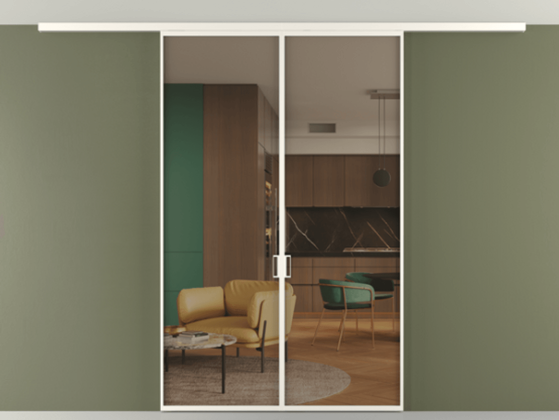 Перегородка Формато вдоль стены на потолок 2 створки АЛПР 040.01 Алюминий пудровый белый Прозрачное бронзовое стекло, триплекс Цена 43856120 so'm | Volhovec