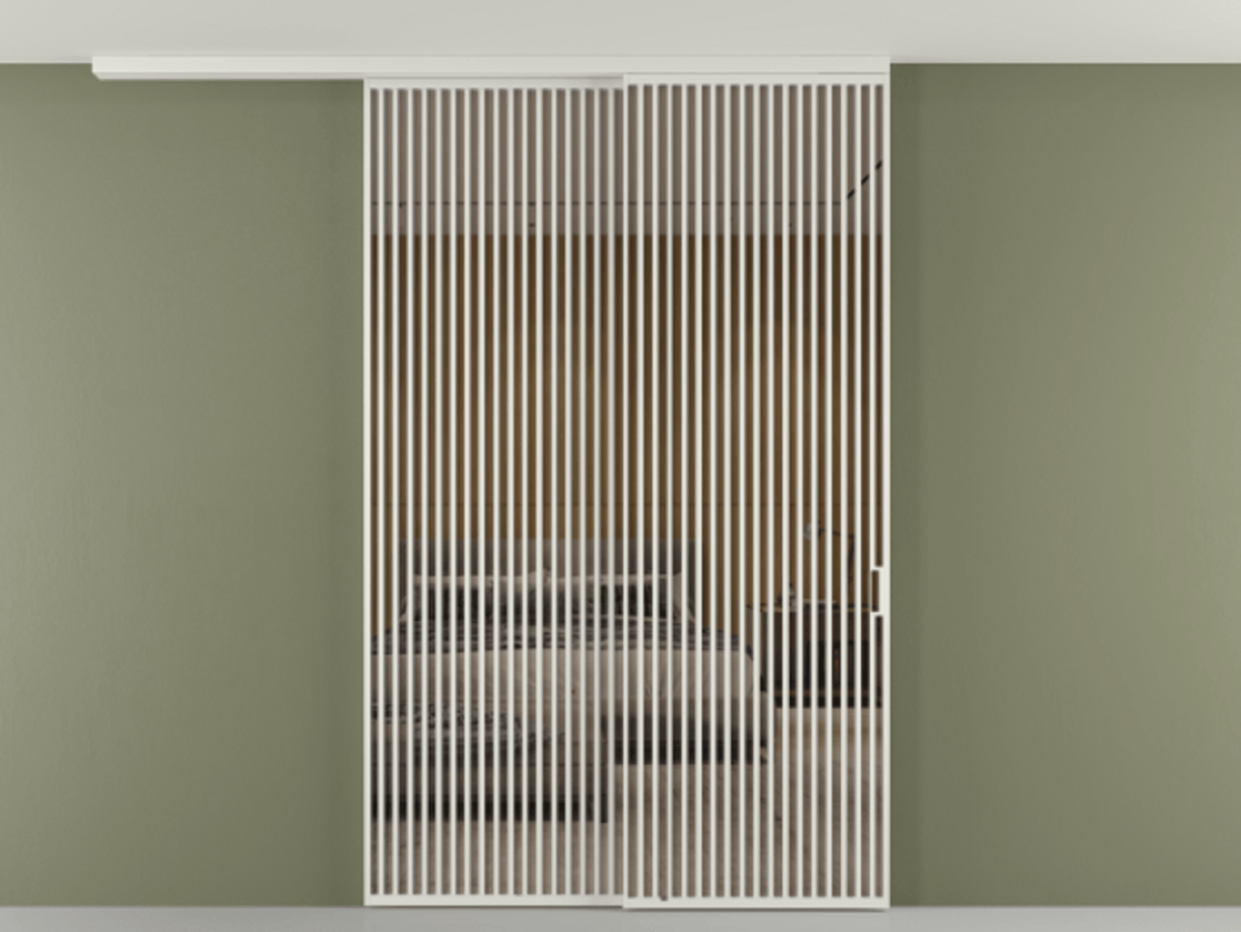 Перегородка Формато вдоль стены на потолок 2 створки с синхронным механизмом АЛПР 040.06 Алюминий серый Рефлективное бронзовое стекло "Стопсол", калёное Цена 94040970 so'm | Volhovec