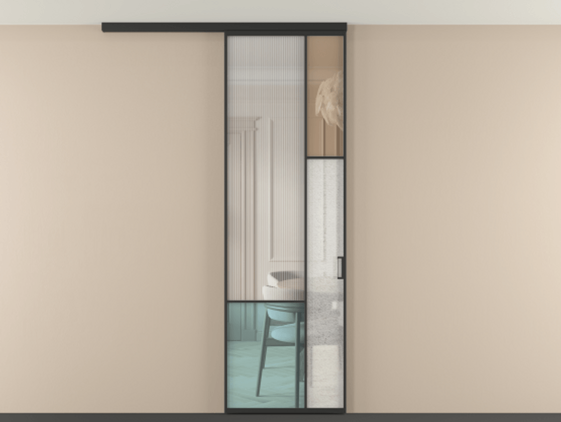 Перегородка Mosaic вдоль стены на потолок 1 створка АЛПР 041.12 Алюминий Черный Комбинация стекол Группы 1 и Группы 3 Цена 27518680 so'm | Volhovec