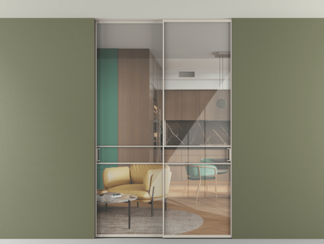 Перегородка Формато внутри проёма скрытое крепление в потолок 2 створки АЛПР 040.02 Алюминий светло-бежевый Рефлективное прозрачное стекло "Стопсол", калёное Цена 62020560 so'm | Volhovec