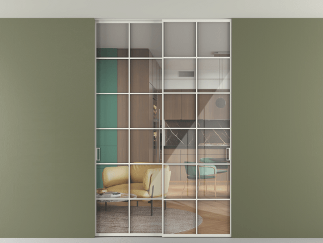 Перегородка Formato внутри проёма скрытое крепление в потолок 2 створки АЛПР 040.05 Алюминий серый Рефлективное прозрачное стекло "Stopsol", калёное Цена 65504040 so'm | Volhovec