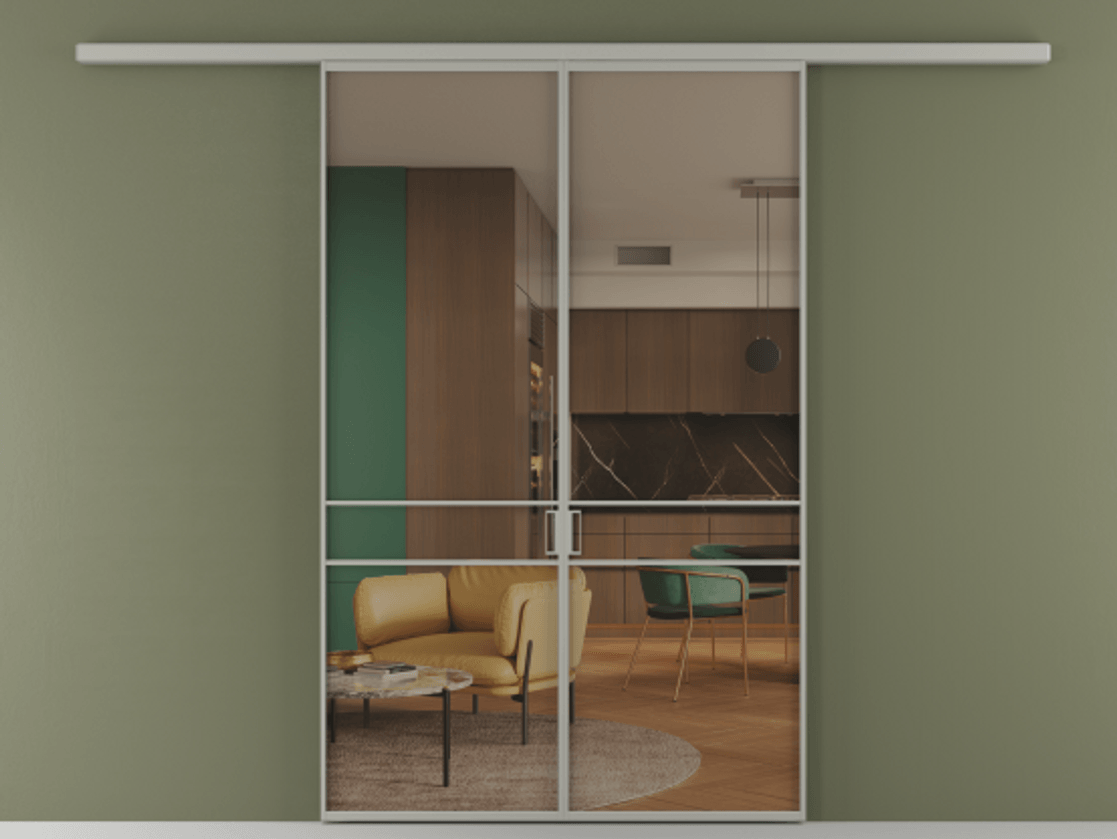 Перегородка Формато вдоль стены 2 створки АЛПР 040.02 Алюминий нейтральный серый Прозрачное бронзовое стекло, триплекс Цена 39676350 so'm | Volhovec