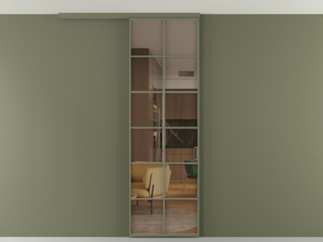 Перегородка Формато вдоль стены на потолок 1 створка АЛПР 040.05 Алюминий оливковый тёмный Прозрачное бронзовое стекло, триплекс Цена 21893960 so'm | Volhovec