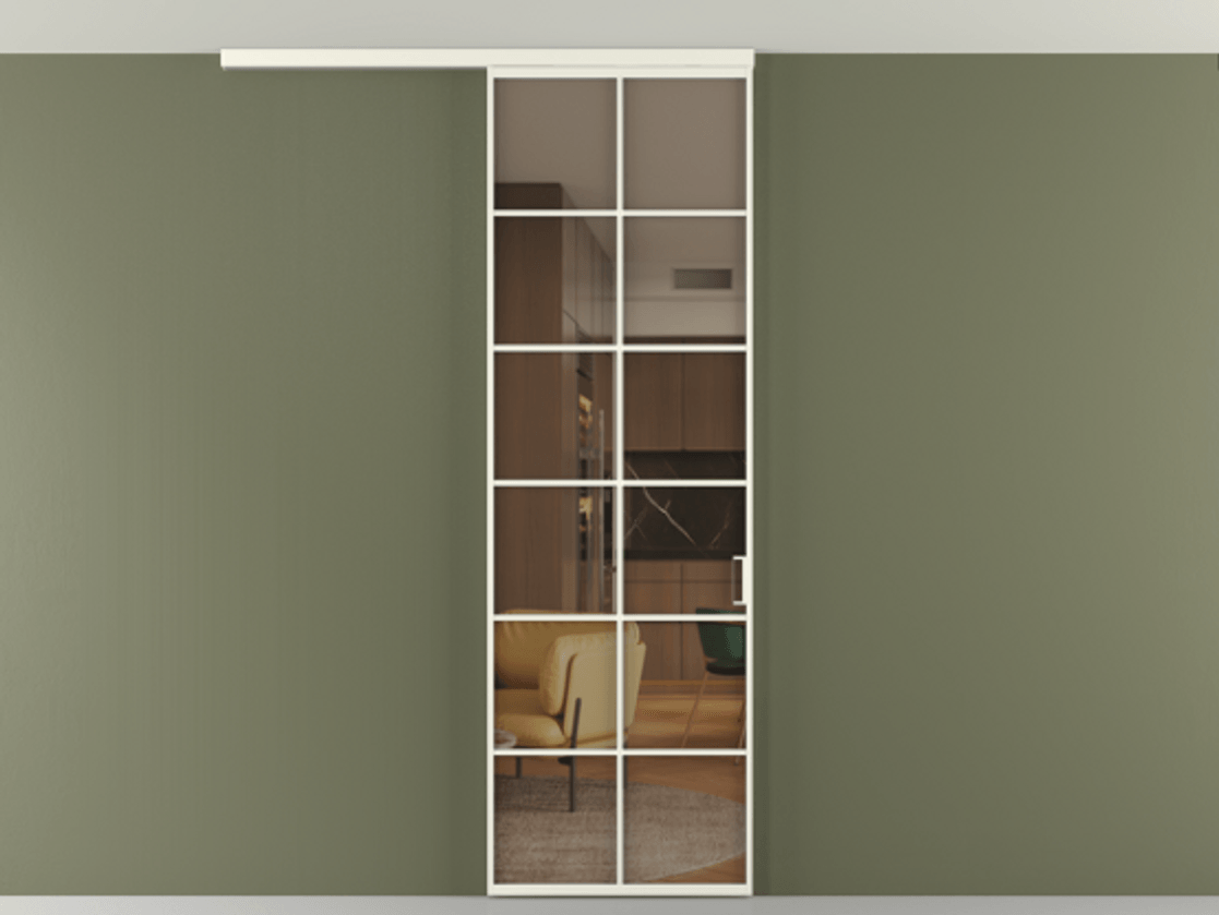 Перегородка Формато вдоль стены на потолок 1 створка АЛПР 040.05 Алюминий жемчужный Прозрачное бронзовое стекло, триплекс Цена 21893960 so'm | Volhovec