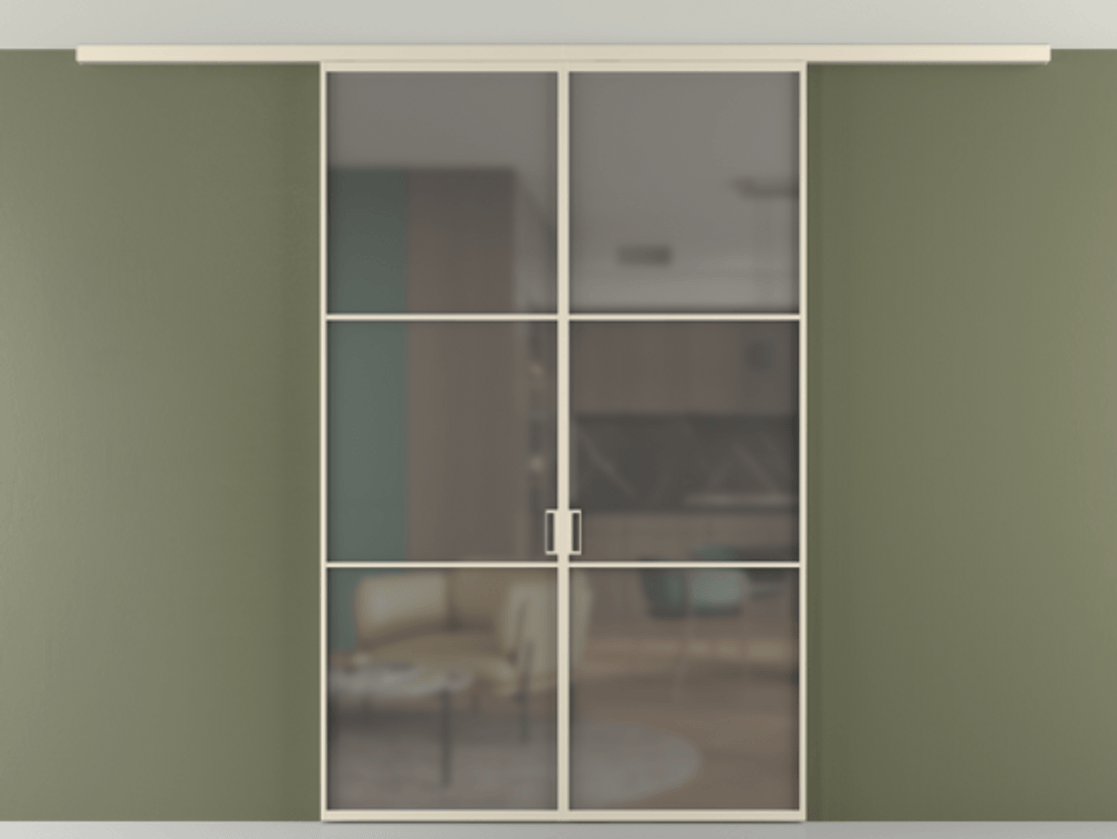 Перегородка Формато вдоль стены на потолок 2 створки АЛПР 040.03 Алюминий бежево-серый Сатинированное серое стекло, триплекс Цена 37882850 so'm | Volhovec