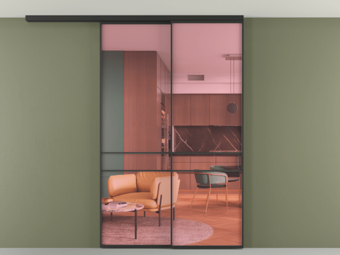 Перегородка Formato вдоль стены на потолок 2 створки с синхронным механизмом АЛПР 040.02 Алюминий Черный Прозрачное розовое стекло, триплекс Цена 53721920 so'm | Volhovec