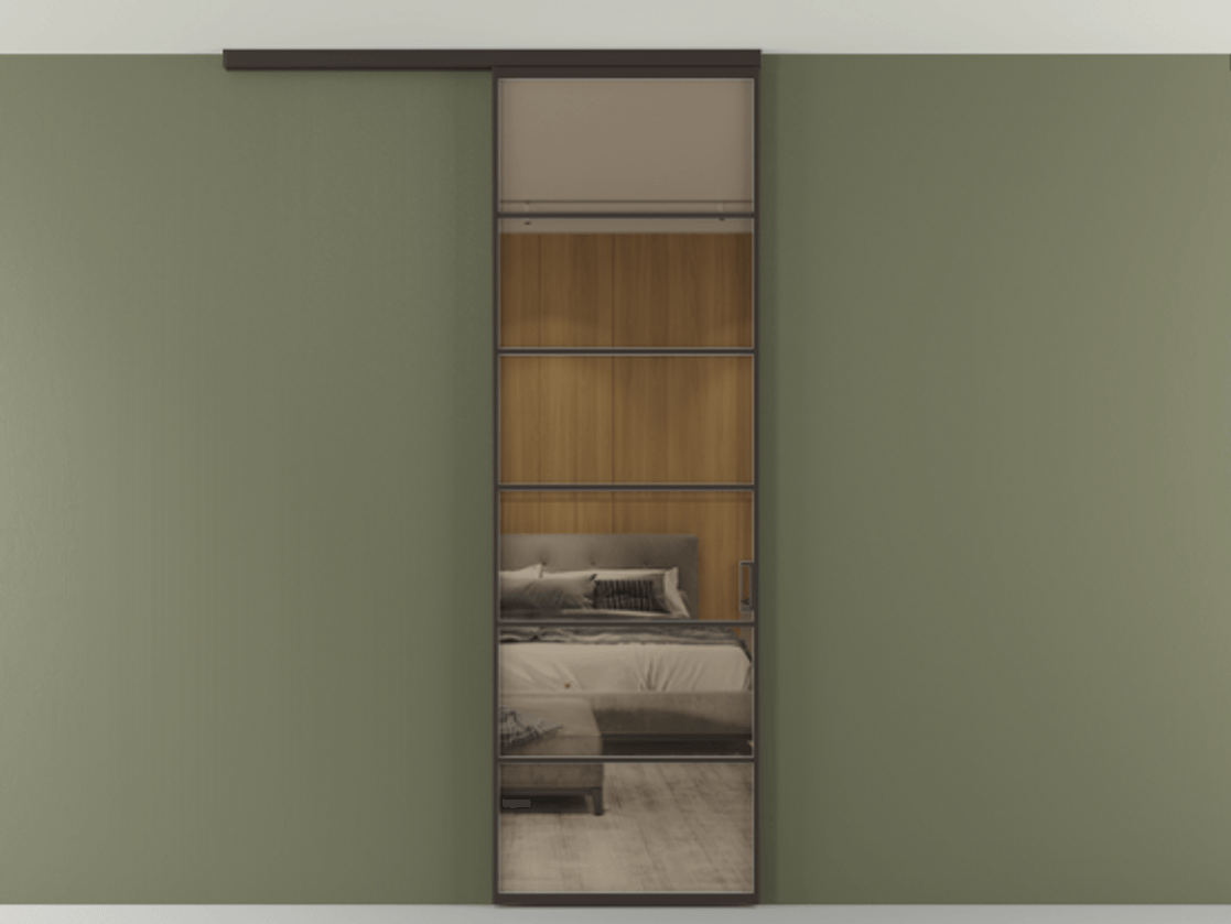 Перегородка Формато вдоль стены на потолок 1 створка АЛПР 040.04 Алюминий антрацит Рефлективное бронзовое стекло "Стопсол", калёное Цена 23193160 so'm | Volhovec