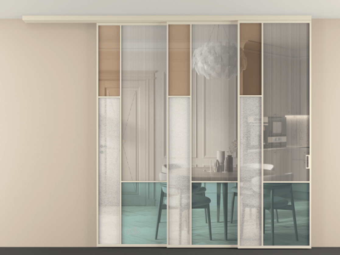 Перегородка Mosaic вдоль стены на потолок 3 створки с синхронным механизмом АЛПР 041.13 Алюминий бежево-серый Комбинация стекол Группы 1 и Группы 3 Цена 104853560 so'm | Volhovec