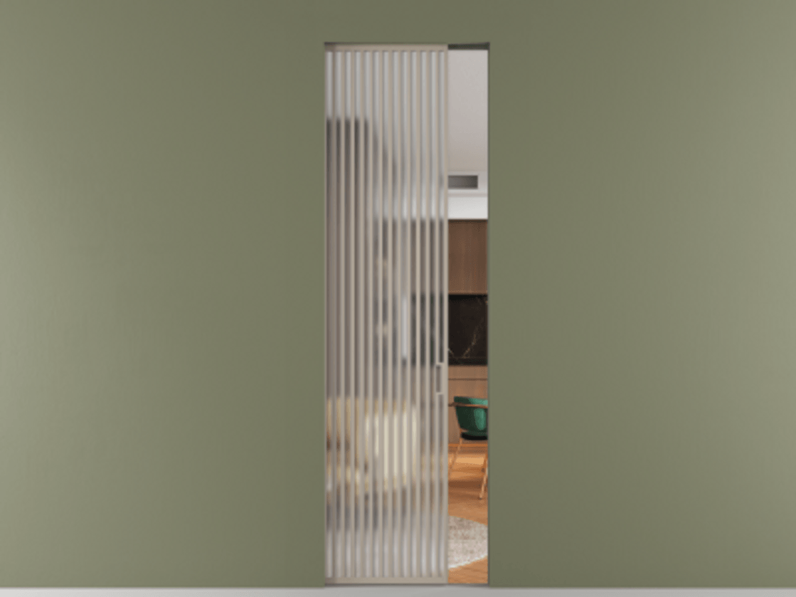 Перегородка Формато скрытый пенал 1 створка АЛПР 040.06 Алюминий бисквитный Сатинированное стекло "Мателюкс Кристал Вижн", калёное, матовое, каленое 6 мм Цена 48756540 so'm | Volhovec