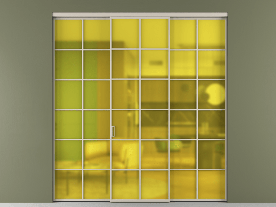 Перегородка Formato внутри проёма 3 створки АЛПР 040.05 Алюминий светло-бежевый Сатинированное жёлтое стекло, триплекс Цена 51729480 so'm | Volhovec