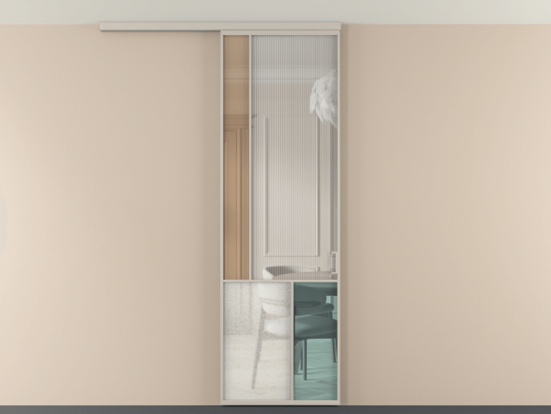 Перегородка Мозаик вдоль стены на потолок 1 створка АЛПР 041.20 Алюминий светло-бежевый Комбинация стекол Группы 1 и Группы 3 Цена 28631120 so'm | Volhovec