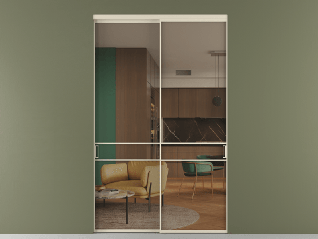 Перегородка Формато внутри проёма 2 створки АЛПР 040.02 Алюминий бежево-серый Прозрачное бронзовое стекло, триплекс Цена 86224250 so'm  | Volhovec