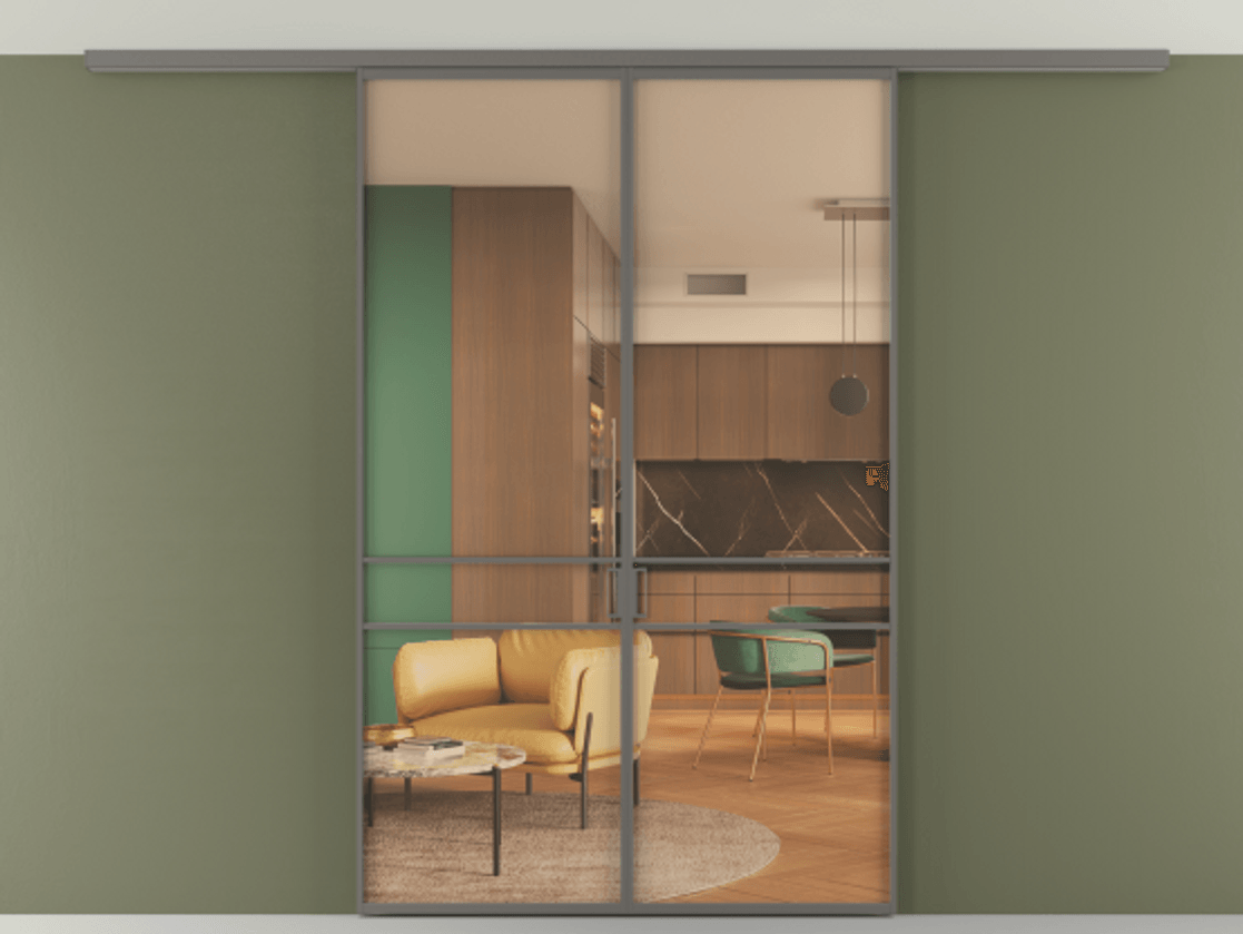 Перегородка Формато вдоль стены на потолок 2 створки АЛПР 040.02 Алюминий классический серый Прозрачное оранжевое стекло, триплекс Цена 37882850 so'm | Volhovec