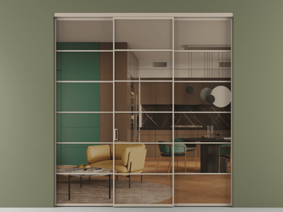 Перегородка Формато внутри проёма 3 створки АЛПР 040.04 Алюминий бисквитный Прозрачное бронзовое стекло, триплекс Цена 51729480 so'm | Volhovec