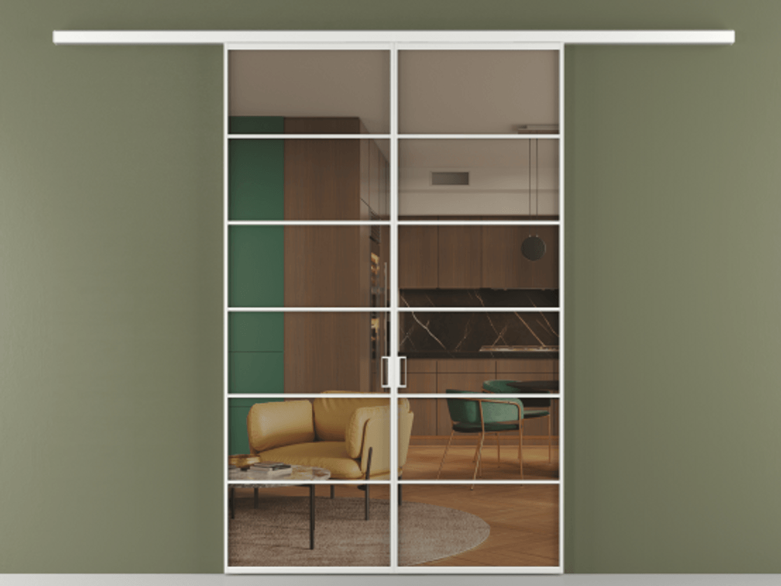 Перегородка Формато вдоль стены 2 створки АЛПР 040.04 Алюминий белоснежный Прозрачное бронзовое стекло, триплекс Цена 42051450 so'm | Volhovec