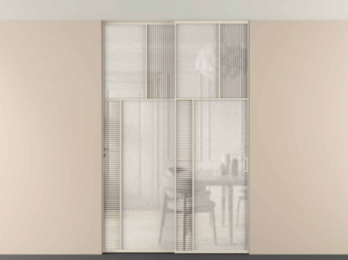 Перегородка Мозаик внутри проёма скрытое крепление в потолок 2 створки АЛПР 041.22 Алюминий бежево-серый Рифлёное стекло "Дюна", триплекс, 6 мм + Фактурное стекло "Лёд", триплекс Цена 69137740 so'm | Volhovec