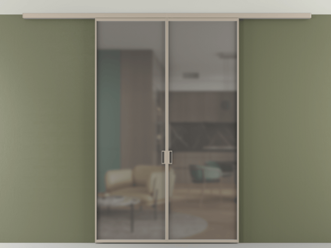 Перегородка Формато вдоль стены на потолок 2 створки АЛПР 040.01 Алюминий бисквитный Сатинированное серое стекло, триплекс Цена 36074120 so'm | Volhovec