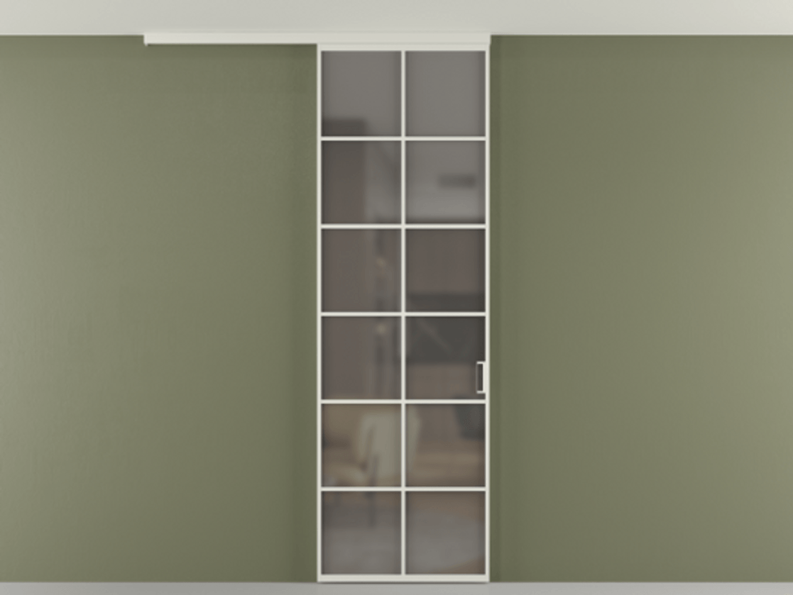 Перегородка Формато вдоль стены на потолок 1 створка АЛПР 040.05 Алюминий Белый Сатинированное серое стекло, триплекс Цена 20156480 so'm | Volhovec