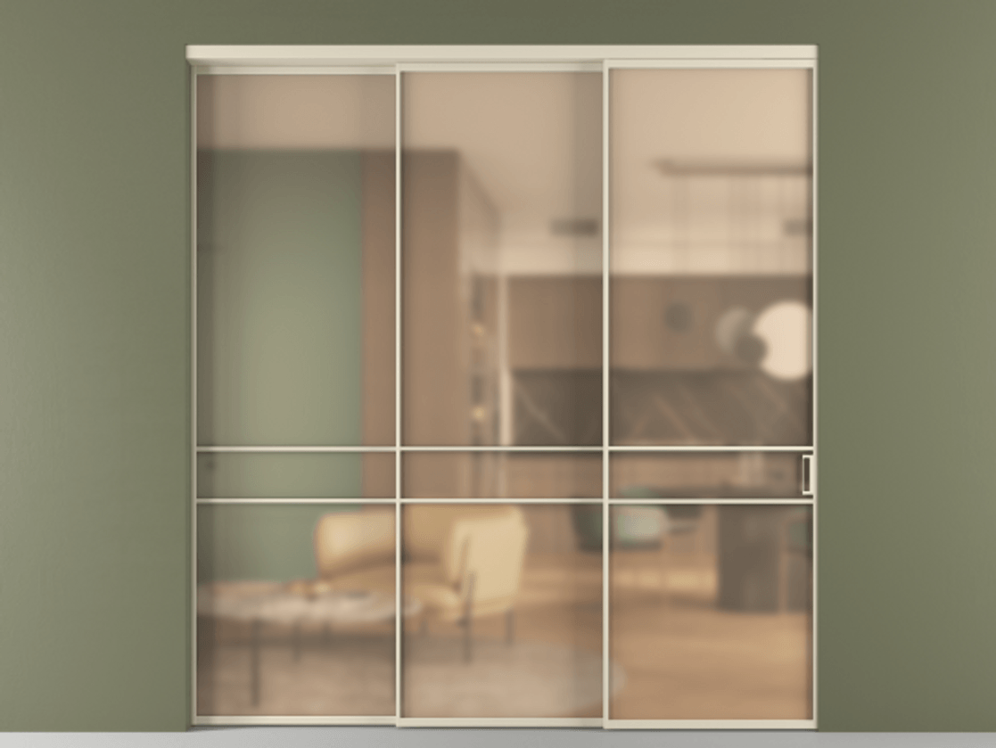 Перегородка Formato внутри проёма 3 створки с синхронным механизмом АЛПР 040.02 Алюминий бежево-серый Сатинированное оранжевое стекло, триплекс Цена 79088800 so'm  | Volhovec