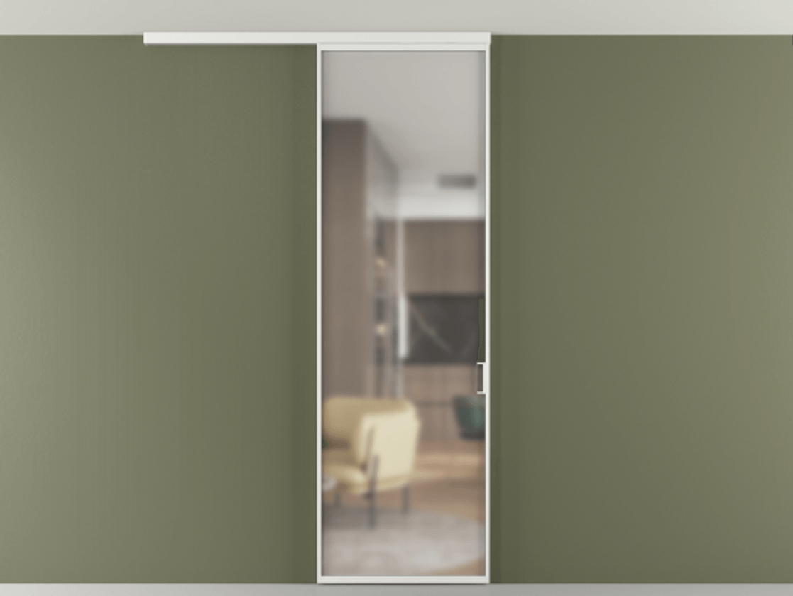 Перегородка Формато вдоль стены на потолок 1 створка АЛПР 040.01 Алюминий белоснежный Сатинированное стекло "Мателюкс Кристал Вижн", калёное, матовое, каленое 6 мм Цена 119570 ₽ | Volhovec