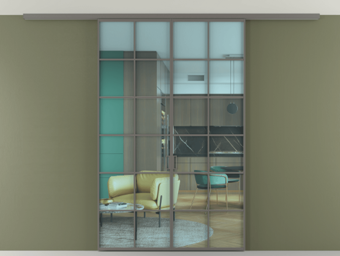 Перегородка Формато вдоль стены на потолок 2 створки АЛПР 040.05 Алюминий классический серый Прозрачное голубое стекло, триплекс Цена 40495460 so'm | Volhovec