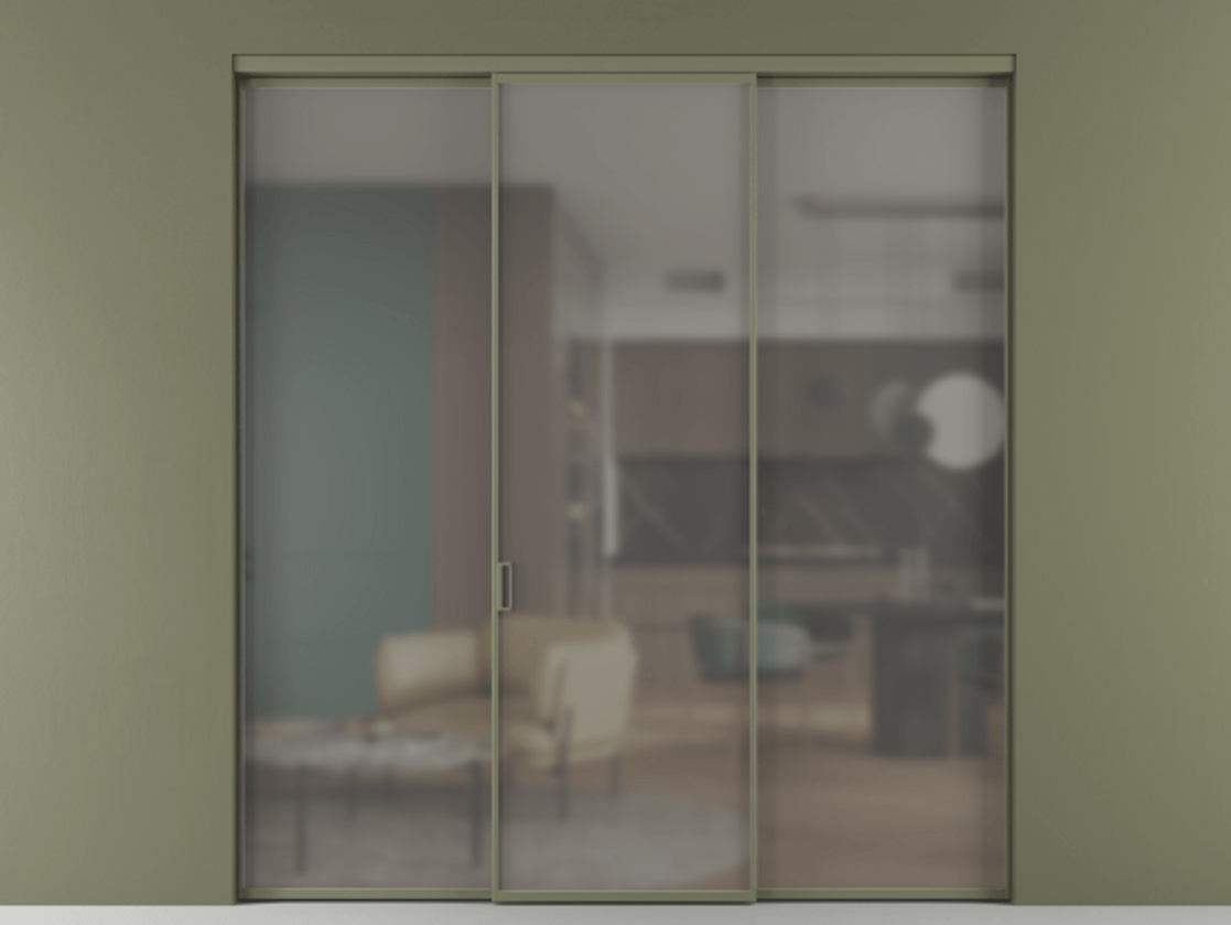 Перегородка Formato внутри проёма 3 створки АЛПР 040.01 Алюминий оливковый тёмный Сатинированное серое стекло, триплекс Цена 45700380 so'm | Volhovec